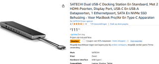 SATECHI Dual USB-C Docking Station En Standaard, Met 2 HDMI-Poorten voor €61,11 bij Amazon
