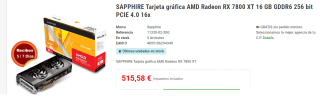 Tarjeta Grafica Sapphire Pulse AMD Radeon RX 7800 XT GAMING 16GB GDDR6 por 515.58€