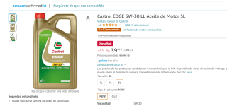 Castrol EDGE 5W-30 LL Aceite de Motor 5L por 39,40€
