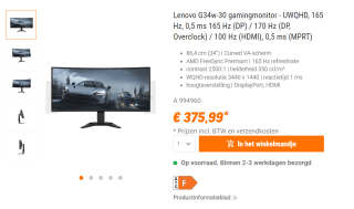 Lenovo G34w-30 Zwart voor €375,99 bij NBB