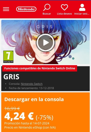 Gris Nintendo Switch por 4,24€.