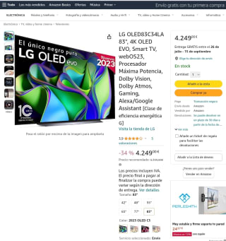 LG OLED83C34LA 83"4K OLED EVO Smart TV, webOS23, Procesador Máxima Potencia Dolby Vision Dolby Atmos