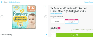 2x Pampers Premium Protection Luiers Maat 3 (6-10 kg) 46 stuks voor €16,55 bij Plein