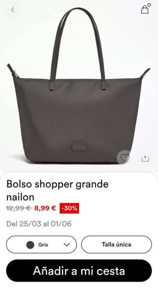 Bolso shopper grande nailon en gris por 8,99€.