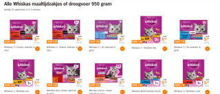 Alle Whiskas maaltijdzakjes of droogvoer 950 gram voor €3,99 bij de AH