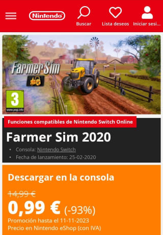 Farmer Sim 2020 Nintendo Switch por 0,99€.