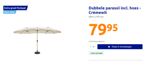 Dubbele parasol incl. hoes 450 x 270 cm voor €79,95 bij de Action