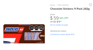 Pack 11 Chocolates Snickers a $59 en Mercado Libre