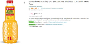 6 Botellas de Zumo de melocotón y uva 100% Premium Granini botella 1L por 10.69€