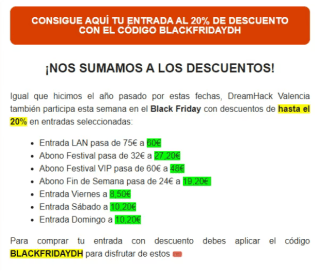 Black Friday Código 20% Descuento en entradas para Dreamhack valencia