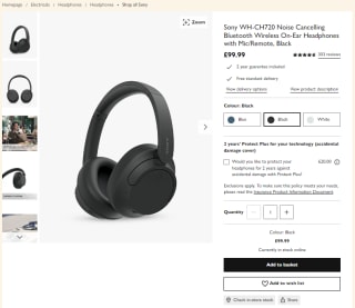 Acquire a Sony noise-cancelling Bluetooth wireless overhead headphones from John Lewis for £79.99