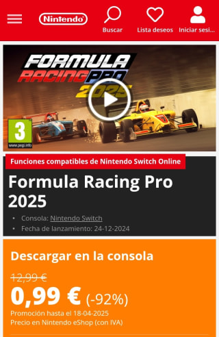 Fórmula Racing Pro Nintendo Switch por 0,99€.