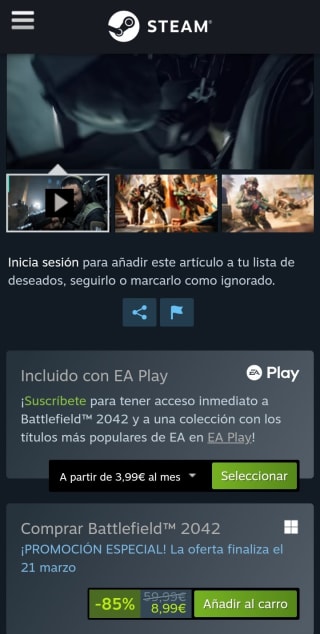 Battlefield™ 2042 desde Steam por 8,99€.
