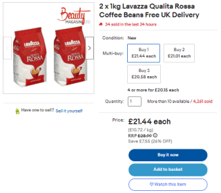 Garner 2 of 1kg Lavazza Qualita Rossa coffee beans at eBay as low as £18.22