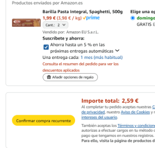 2 paquetes Barilla Pasta Integral, Spaghetti, 500g por 2,59€
