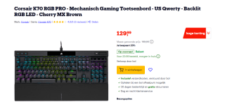 Corsair K70 RGB PRO MX Brown toetsenbord voor €129,99 bij Bol.com