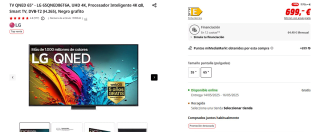 TV QNED 65" LG 65QNED86T6A, UHD 4K, Procesador Inteligente 4K α8 por 599,17€