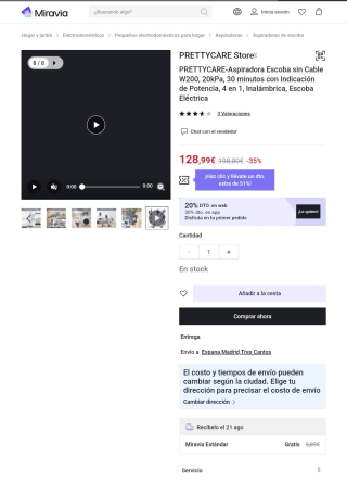 PRETTYCARE Aspiradora Escoba sin Cable W200, 20kPa, 30 minutos con Indicación de Potencia, 4 en 1, Inalámbrica por 72,99€