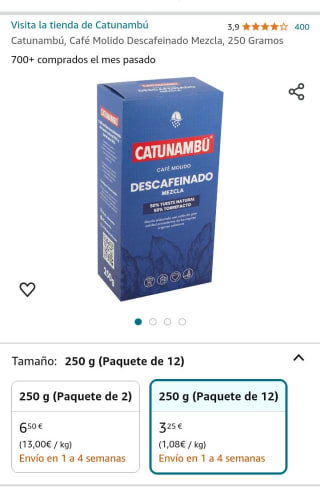 Pack de 12×250g Catunambú Café Molido Mezcla Descafeinado por 3,09€.
