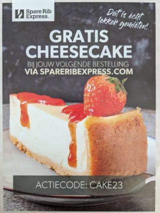 Sparerib Express kortingscode voor een gratis Cheesecake bij je bestelling
