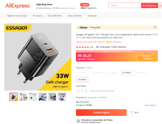 Carregador rápido da Essager - R$ 28,23