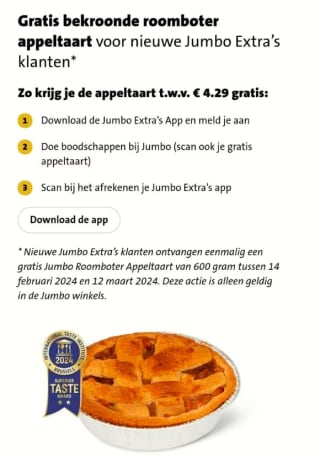 Gratis roomboter appeltaart van 600 gram voor nieuwe Jumbo Extra klanten
