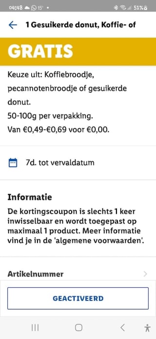 1 Gesuikerde donut, koffie- of pecannotenbroodje gratis via de Lidl Plus app