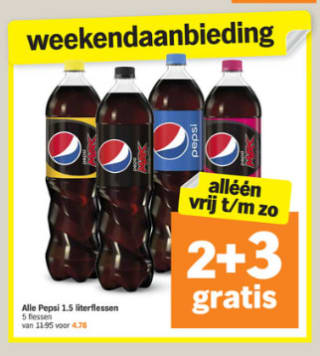 Alle Pepsi 1,5 literflessen 2+3 gratis bij de AH