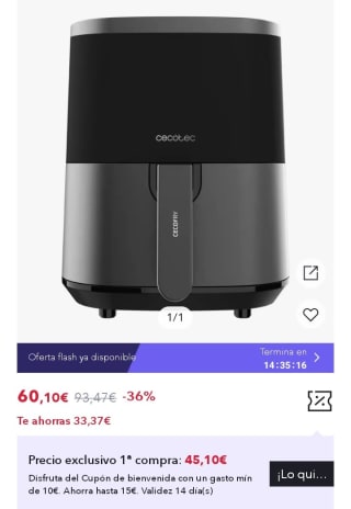 Cecofry Fantastik Inox 4000 Freidora de aire sin aceite / Airfryer digital de 1400 W, 4 L por 45,10€.