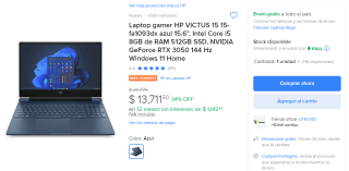 Laptop HP VICTUS 15 15-FA1093DX 15.6" i5 RTX 3050 por $13,712 en Mercado Libre