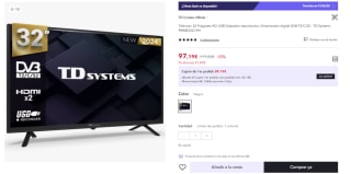 Televisor 32" HD, USB Grabador reproductor, Sintonizador digital DVB-T2/C/S2 - TD Systems PRIME32C19H por 97.19€ (Cuenta Nueva 85.19€)