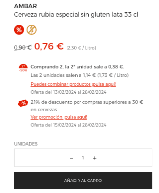 68 Latas Cerveza AMBAR 33cl sin gluten por 30,62€