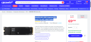 SAMSUNG SSD Interne 990 EVO 1 To MZ-V9E1T0BW à 69,99€