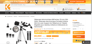 Télescope Astronomique Réfracteur Portable K&F Concept KF33.037 - 70 mm à 80,99€
