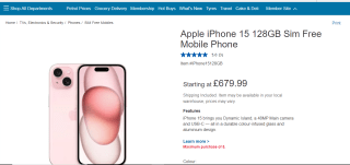 Apple iPhone 15 - 128GB available for £679.99