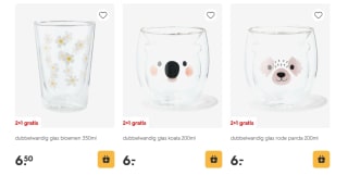 Dubbelwandige glazen 2+1 gratis bij de Hema