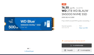 WD Blue SN5000 SSD - 2TB - PCIe 4.0 - M.2 2280 voor €76,55 bij Galaxus