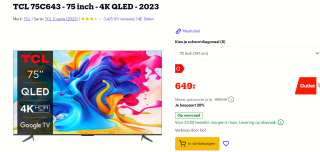 TCL 75C643 - 75 inch televisie 4K QLED voor €649 bij Bol.com