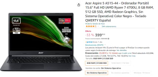 Ordenador Portátil Acer Aspire 5 A515-44 con AMD Ryzen 7 4700U de 8GB/512GB SSD por 399€