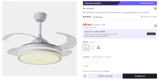 Ventilador de Techo - Motor DC 6 Velocidades - Aspas Retráctiles Silenciosas - Luz LED 36W 3 Temperaturas - Mando a Distancia por 68.85€ (Cuenta Nueva 56.85€)