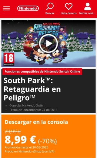 South Park: Retaguardia en Pelugro Nintendo Switch por 8,99€.
