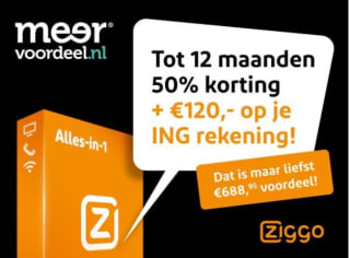 Ziggo-alles-in-1: tot eerste 12 maanden 50% korting en € 120 retour voor 500 ING rentepunten