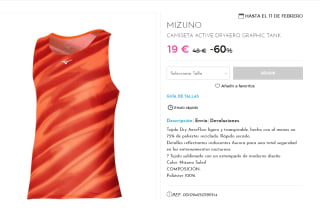 Camiseta Deportiva de Hombre Mizuno DRYAERO GRAPHIC TANK por 19€