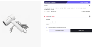 Secador de pelo profesional SURKER 3500w 3 posiciones de calor y 2 velocidades, boquilla concentradora y difusor por 6.75€