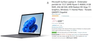 Ordenador Portátil - Microsoft Surface Laptop 4, 13.5", AMD Ryzen™ 5 4680U, 8 GB RAM, 256 GB SSD, Radeon, W11 por 699€