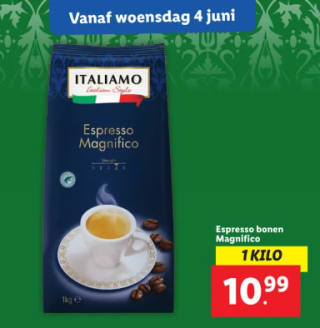 1 KG. Italiamo koffie bonen voor €10,99 bij de Lidl