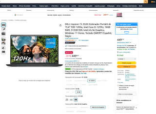 Portátil DELL Inspiron 15 3520 15.6" FHD 120Hz Intel Core i5-1235U 16GB RAM 512GB SSD Intel Iris W11 Home por solo 449€