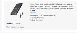 VRURC Power Bank 30000mAh, 22.5W Batería Externa Carga Rápida por 23,39€