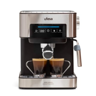 Cafetera Expresso y Capuccino con Panel Táctil Digital Ufesa CE7255 , Vaporizador Orientable, 20 Bares, Café Molido o Monodosis, Depósito 1.6 L, Función Calienta Tazas, 850W, Acero Inoxidable por 49.99€