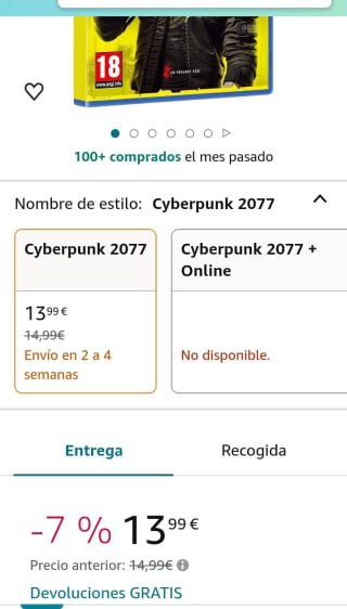 Cyberpunk 2077 Edición Day One PS4 por 13,99€.